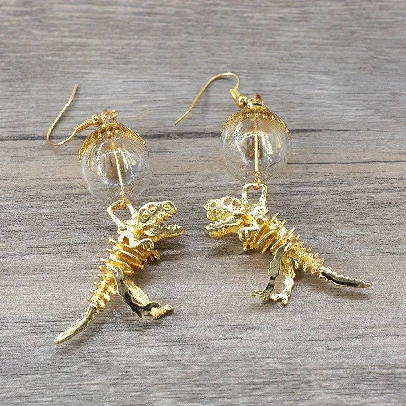 T-Rex Skeleton Dangle earrings | 14k Gold Plated| Cute | Dinosaur| Tyrannosaurus Rex