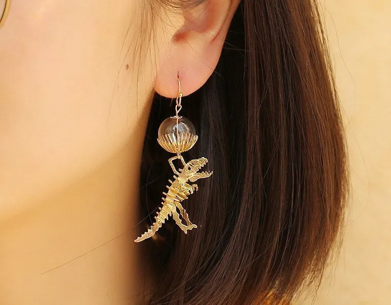 T-Rex Skeleton Dangle earrings | 14k Gold Plated| Cute | Dinosaur| Tyrannosaurus Rex