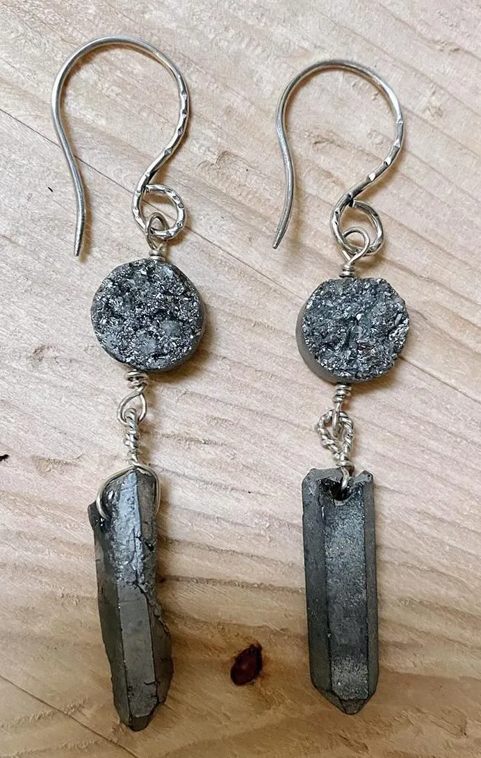 Titanium Silver & Drusy Quartz and Sterling Silver Earrings