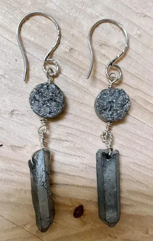 Titanium Silver & Drusy Quartz and Sterling Silver Earrings