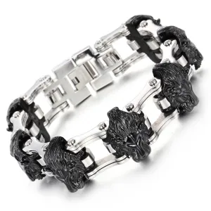 Titanium Steel Wolf Head and Lion Head Bracelets for Men, Exaggerated Bicycle Chain Design in Stainless Steel