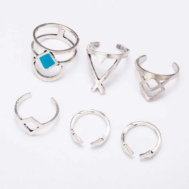 Tomtosh Bohemian 6pcs/Pck Vintage Anti Silver Blue gem Rings Lucky Stackable Midi Rings Set of Rings for Women Party