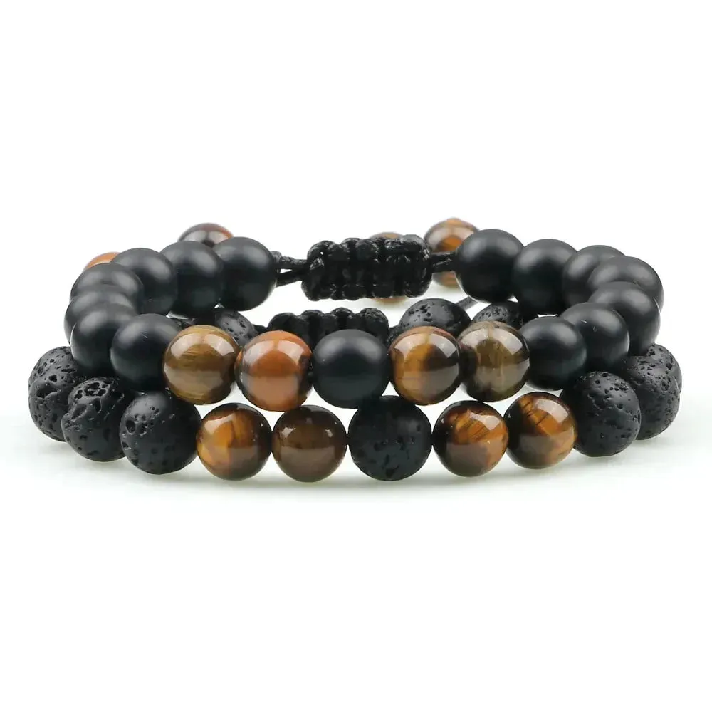 Twin Spirit Adjustable Tiger Eye & Lava Stone Bracelets - Unisex Yoga Jewelry Set