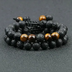 Twin Spirit Adjustable Tiger Eye & Lava Stone Bracelets - Unisex Yoga Jewelry Set