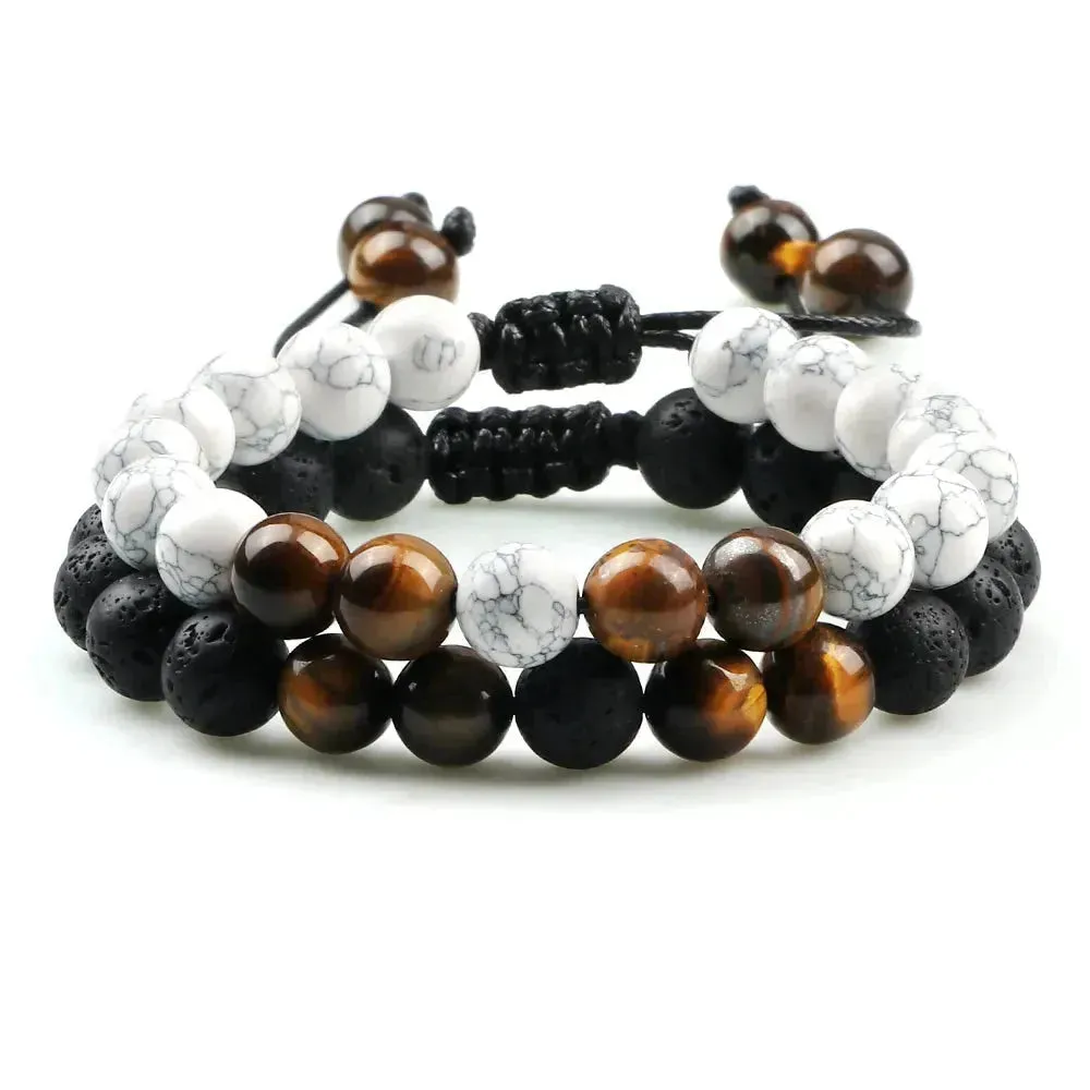 Twin Spirit Adjustable Tiger Eye & Lava Stone Bracelets - Unisex Yoga Jewelry Set