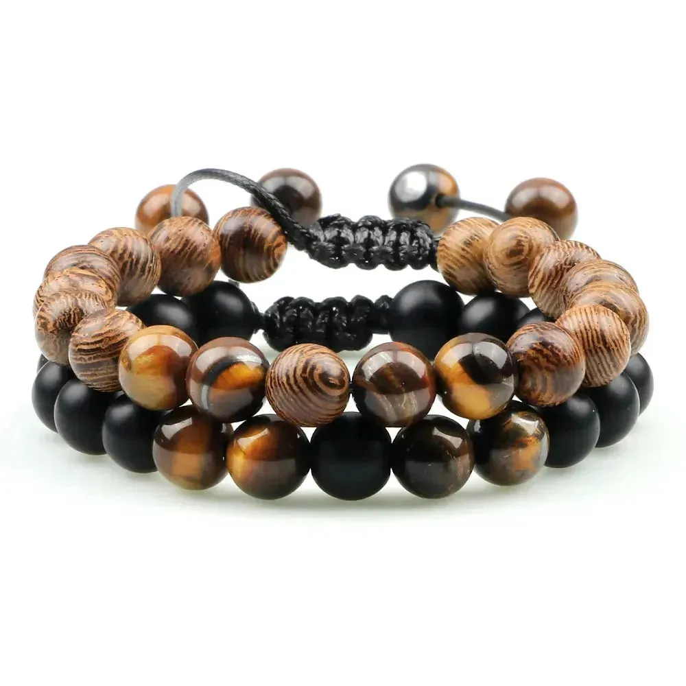 Twin Spirit Adjustable Tiger Eye & Lava Stone Bracelets - Unisex Yoga Jewelry Set