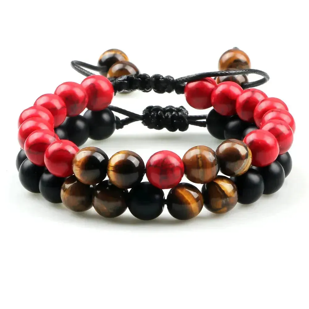 Twin Spirit Adjustable Tiger Eye & Lava Stone Bracelets - Unisex Yoga Jewelry Set