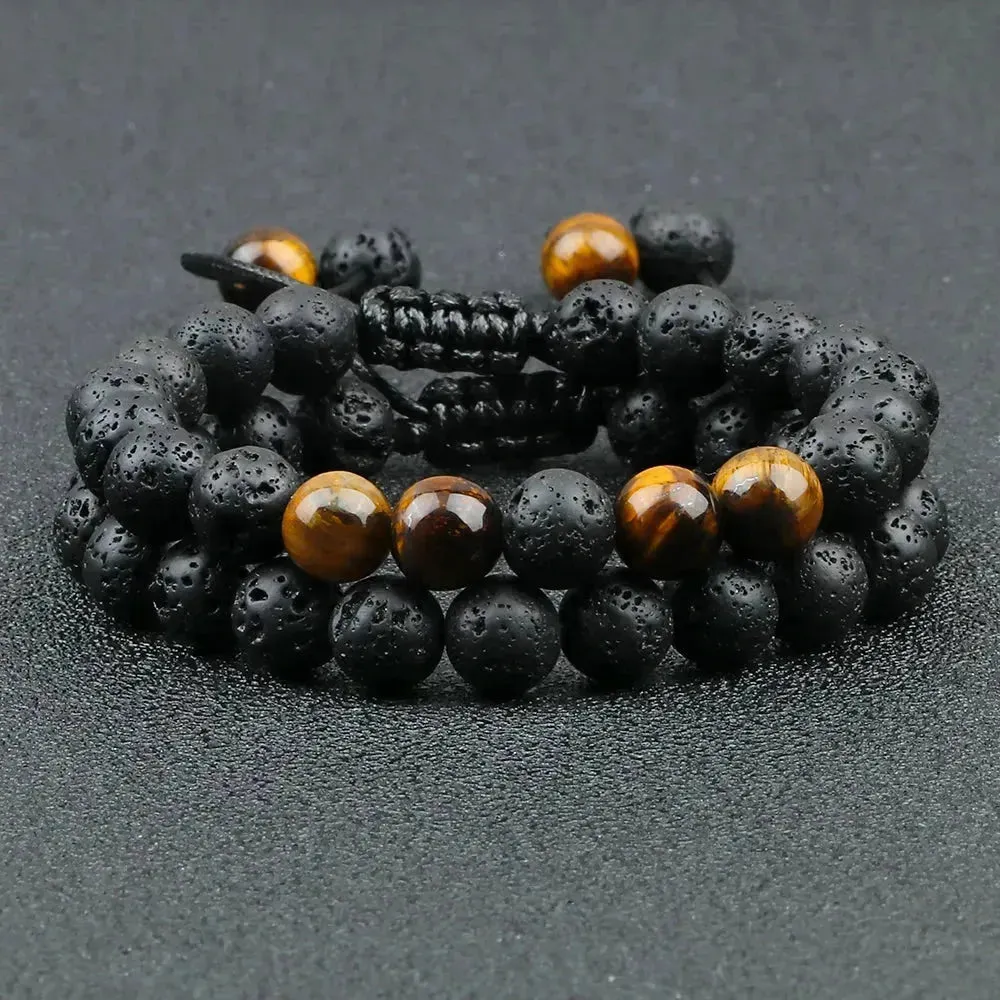 Twin Spirit Adjustable Tiger Eye & Lava Stone Bracelets - Unisex Yoga Jewelry Set