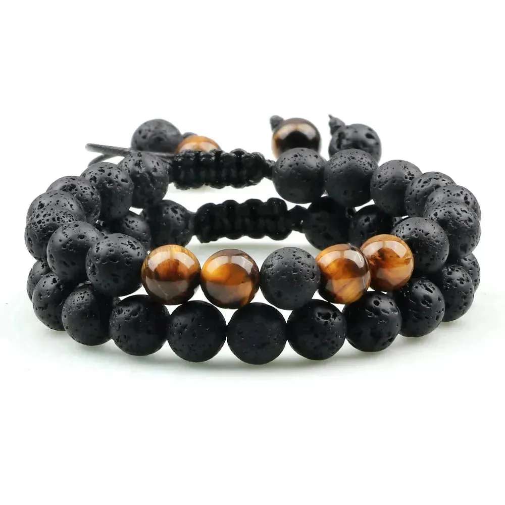 Twin Spirit Adjustable Tiger Eye & Lava Stone Bracelets - Unisex Yoga Jewelry Set