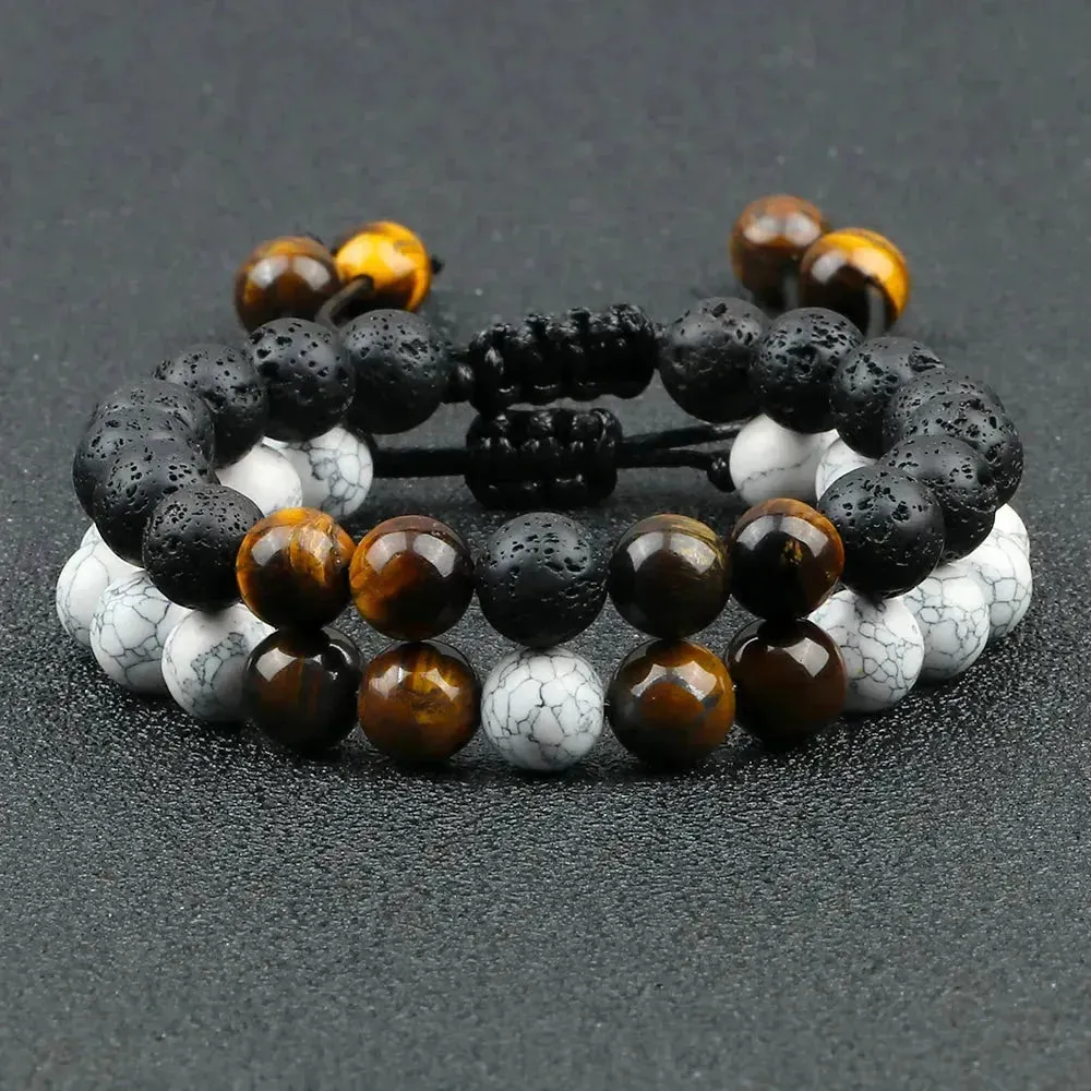 Twin Spirit Adjustable Tiger Eye & Lava Stone Bracelets - Unisex Yoga Jewelry Set