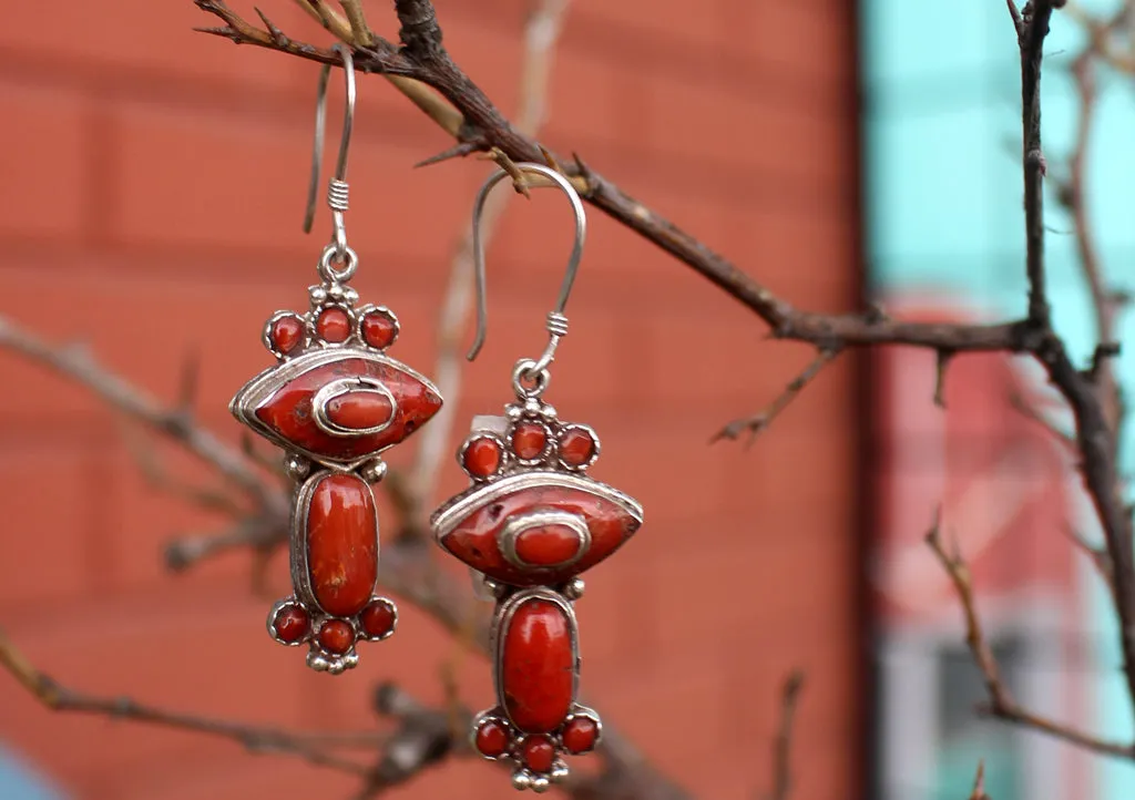 Unique Coral Inlaid Silver Sterling Earrings