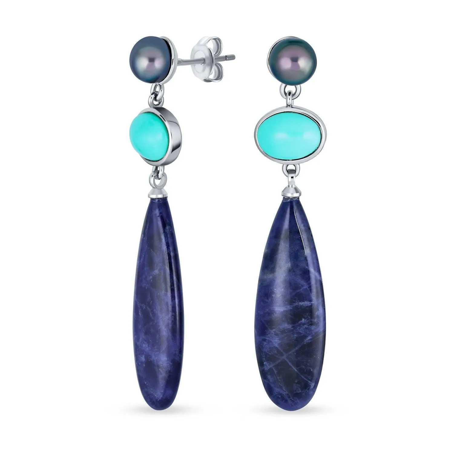 Unique Geometric Dangle Gemstone Earrings with Turquoise & Sodalite Teardrops