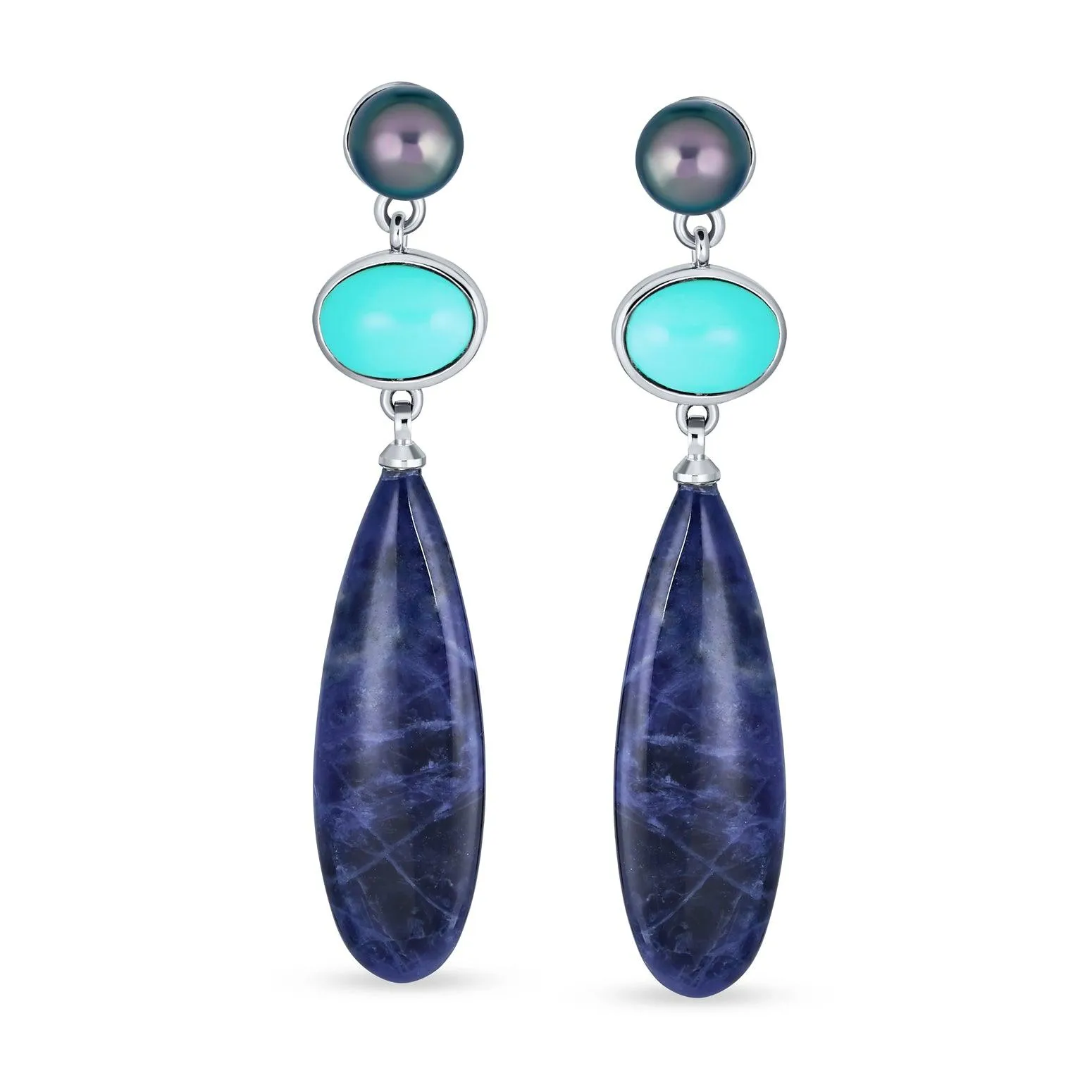 Unique Geometric Dangle Gemstone Earrings with Turquoise & Sodalite Teardrops