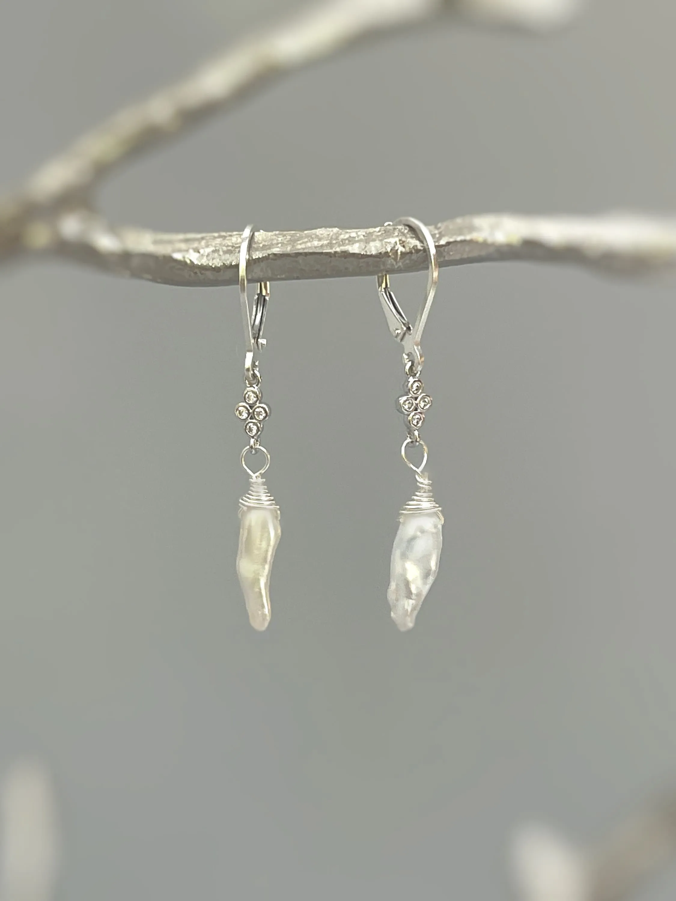 Unique Icicle Pearl Earrings dangle, Sterling Silver