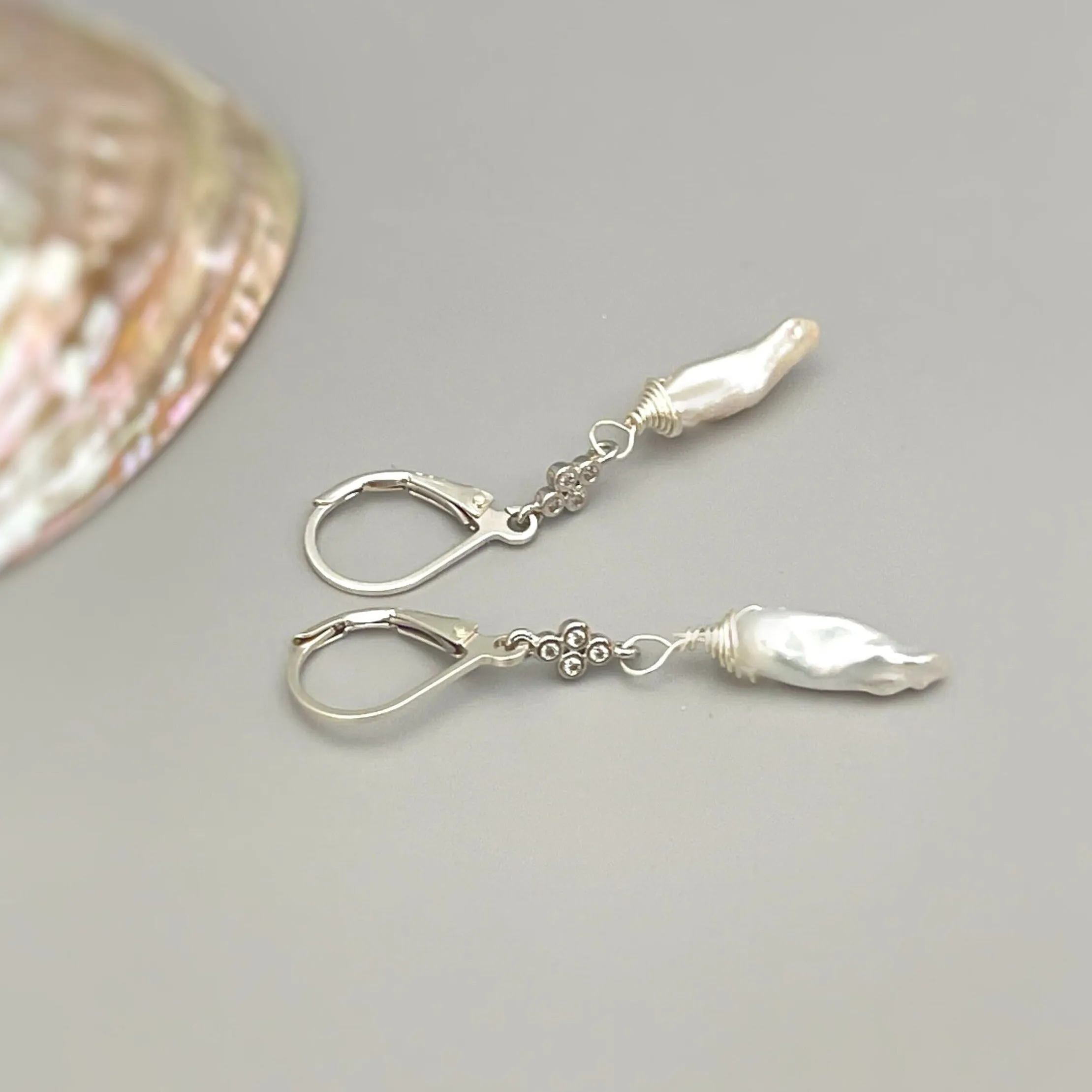 Unique Icicle Pearl Earrings dangle, Sterling Silver