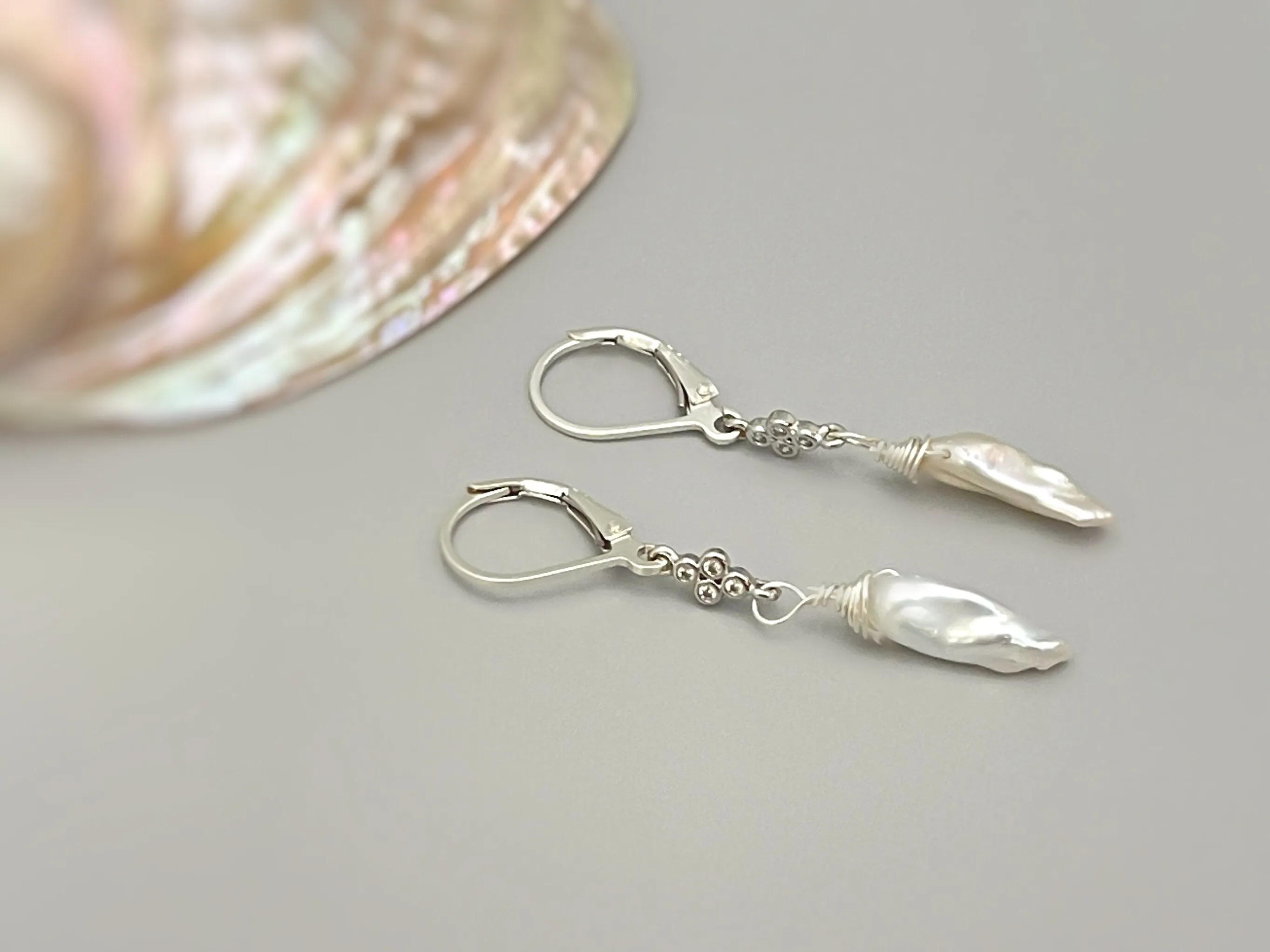 Unique Icicle Pearl Earrings dangle, Sterling Silver