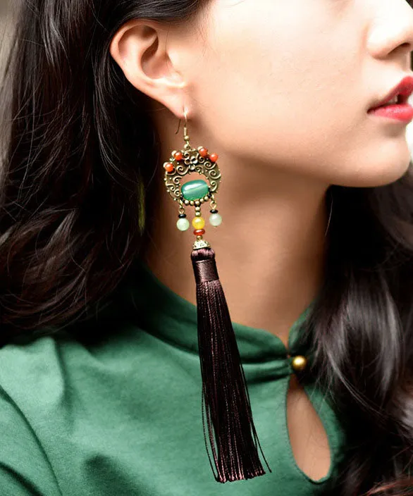 Unique Jade Silk Rope National Style Tassel Drop Earrings