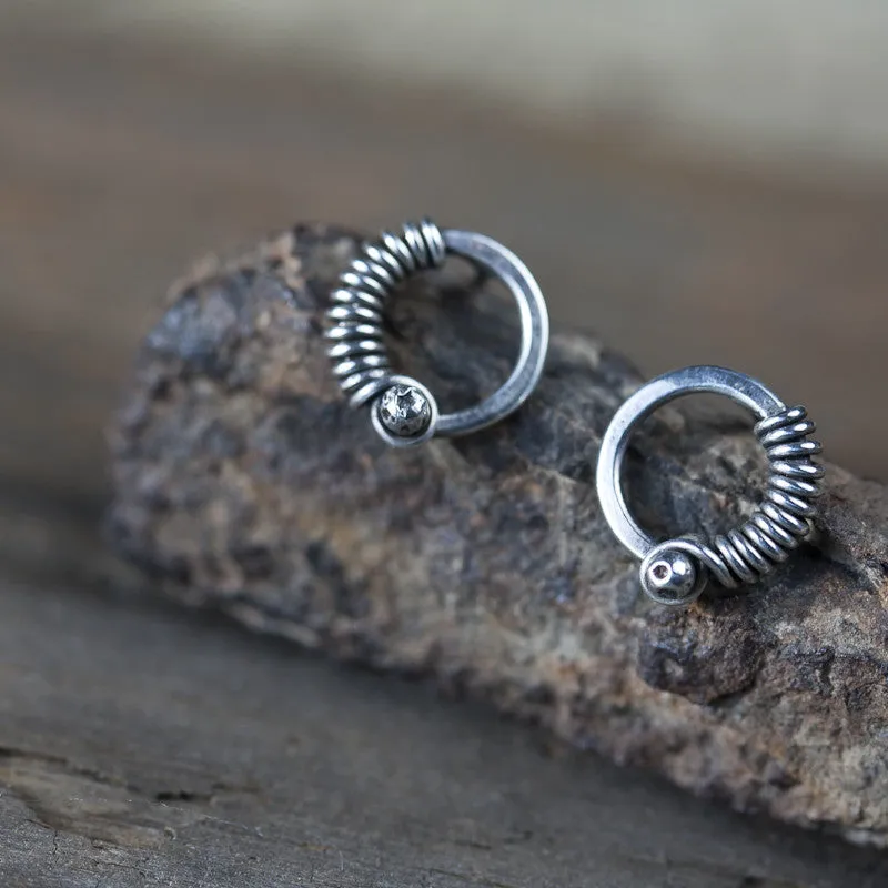 Unique Silver Circle Earrings, wire wrapped studs