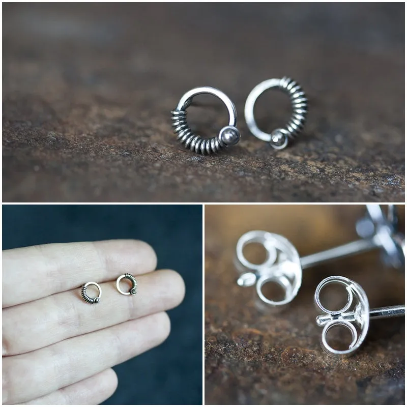 Unique Silver Circle Earrings, wire wrapped studs