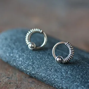 Unique Silver Circle Earrings, wire wrapped studs