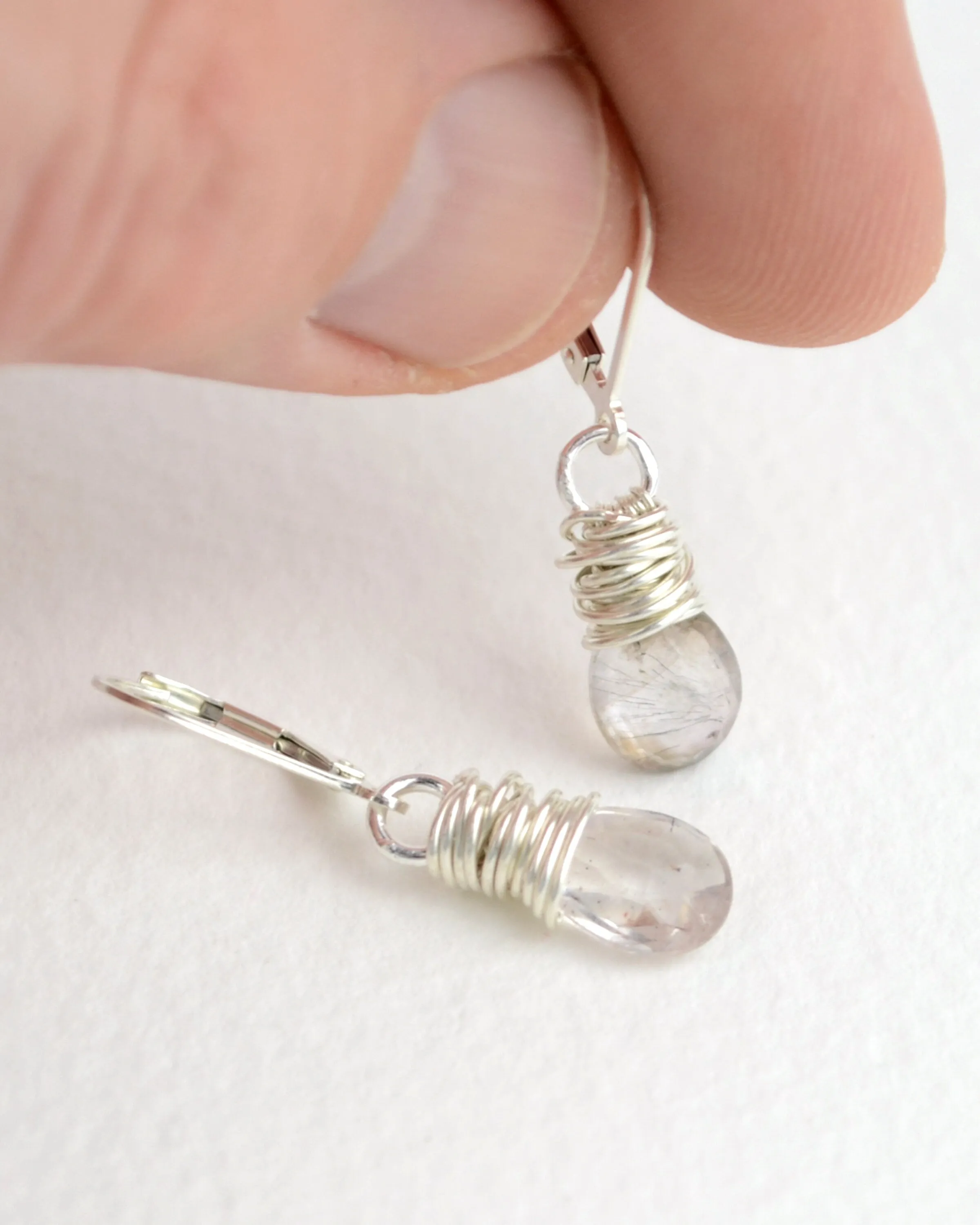 Unique silver wire wrapped rutilated quartz earrings, minimalist earrings