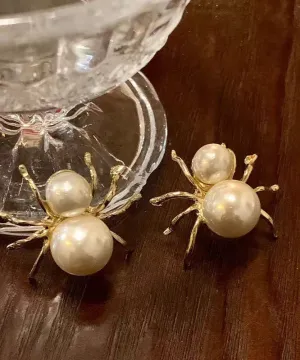 Unique White Sterling Silver Alloy Pearl Spider Stud Earrings QU033