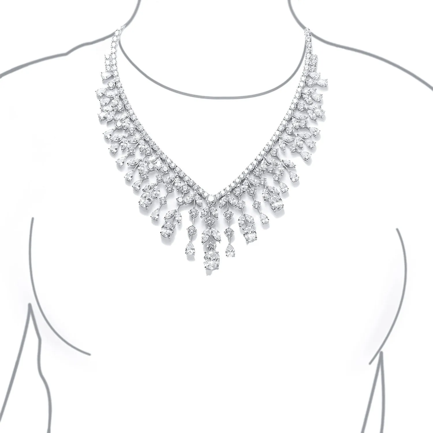 Vintage Art Deco Bridal Jewelry Teardrop CZ Collar Necklace Silver Plated