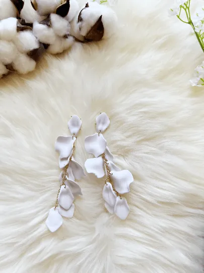 White - flowers earrings | frosted petals floral earrings | unique statement | bridal party wedding earrings