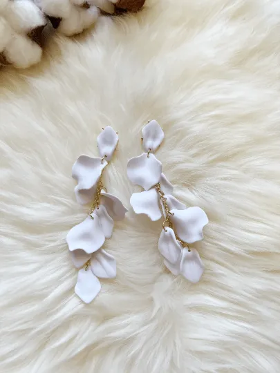 White - flowers earrings | frosted petals floral earrings | unique statement | bridal party wedding earrings