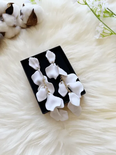 White - flowers earrings | frosted petals floral earrings | unique statement | bridal party wedding earrings