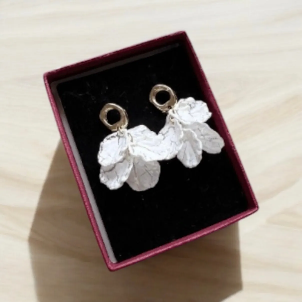 White - pearlescent flowers earrings | frosted petals earrings | unique golden floral earrings | bridal party wedding earrings--