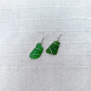 Wire Wrapped Sea glass Earrings - Green Glass