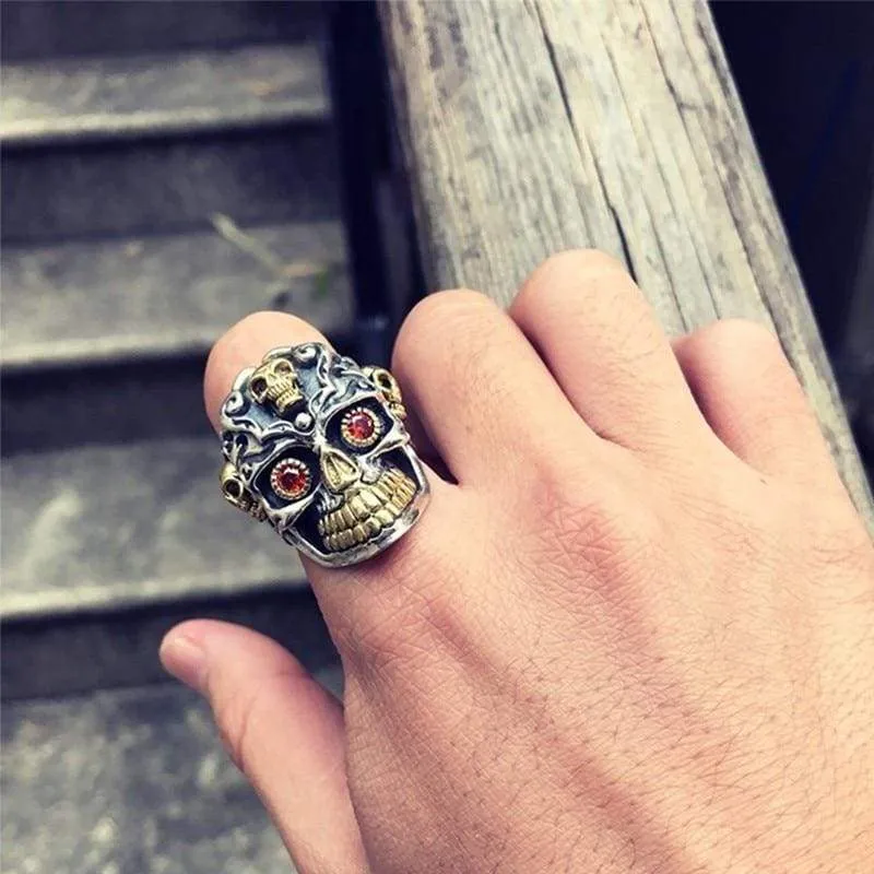 ZABRA Punk Gothic Skull Silver Rings Red Cubic Zirconia Ring Gold 925 Sterling Silver Rings For Men Jewelry