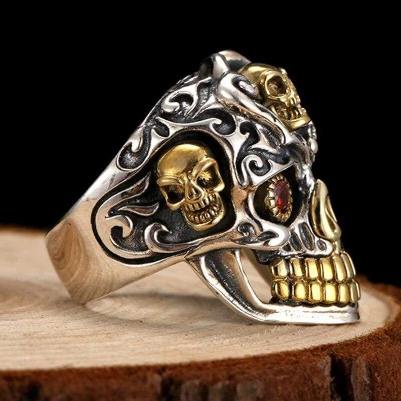 ZABRA Punk Gothic Skull Silver Rings Red Cubic Zirconia Ring Gold 925 Sterling Silver Rings For Men Jewelry