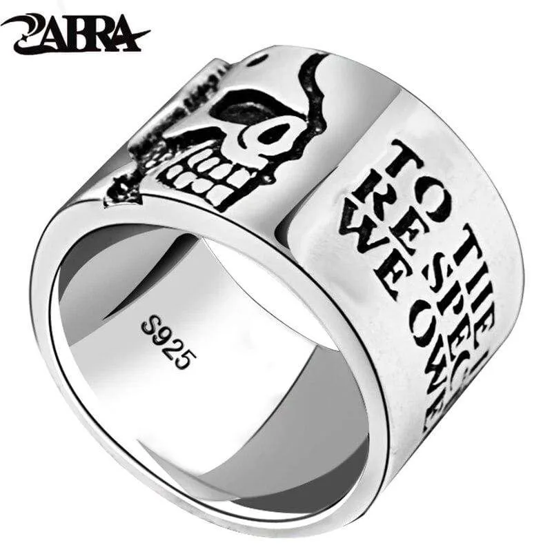 ZABRA Solid Pure 925 Sterling Silver Wide 14mm Skull Motto Fashion Rings For Men Women Vintage Retro Wedding Engagement Jewelry